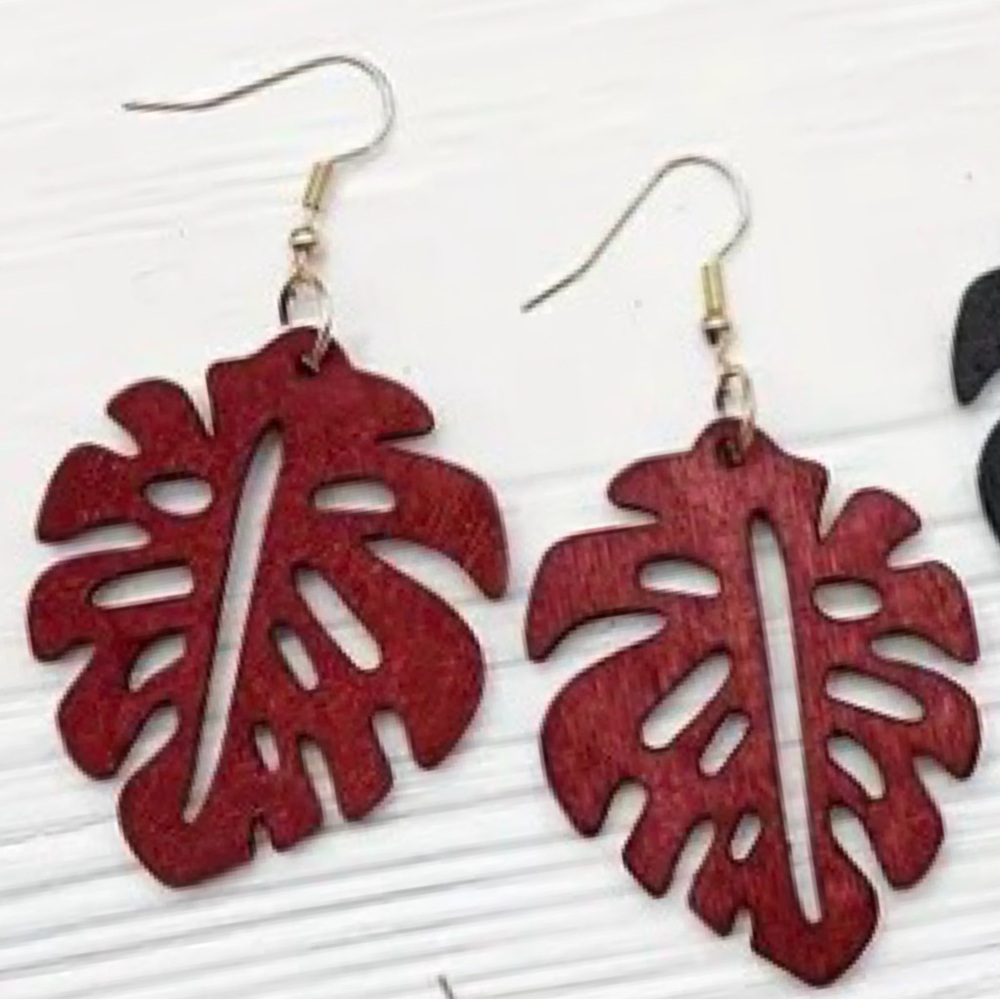 Burgundy Laser Cut Wood Leaf Earrings